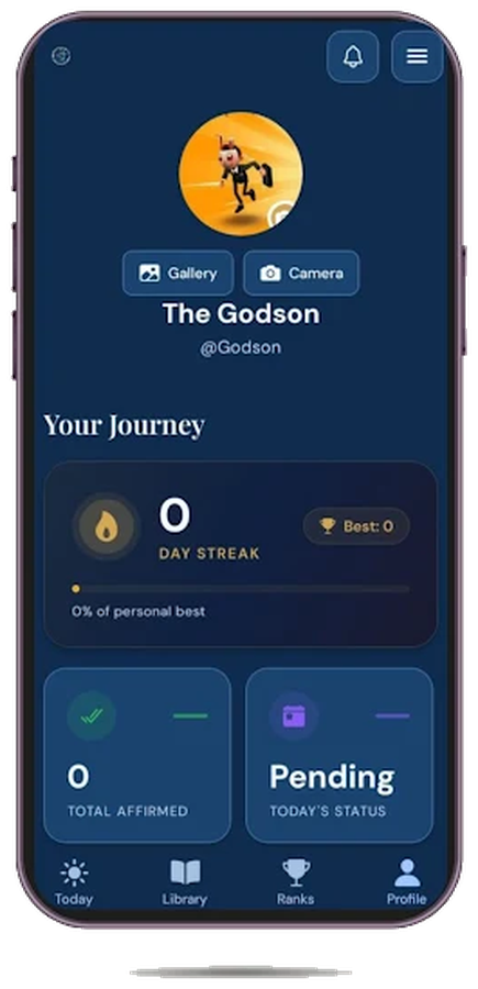Profile screen with streak and affirmation stats